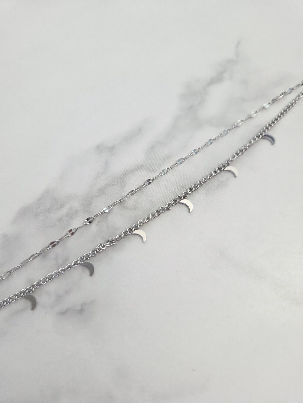 Silver Double Layer Crescent Moon Charm Anklet - Picture 9 of 12